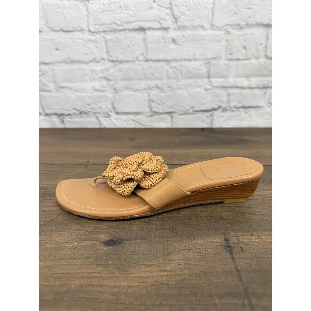 Stuart Weitzman Beaded Flower Thong Wedge Sandals Tan Leather Size 6M
